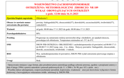 Zdjęcie do Ostrzeżenie meteorologiczne z dnia 16.11.2023 r. - Oblodzenie