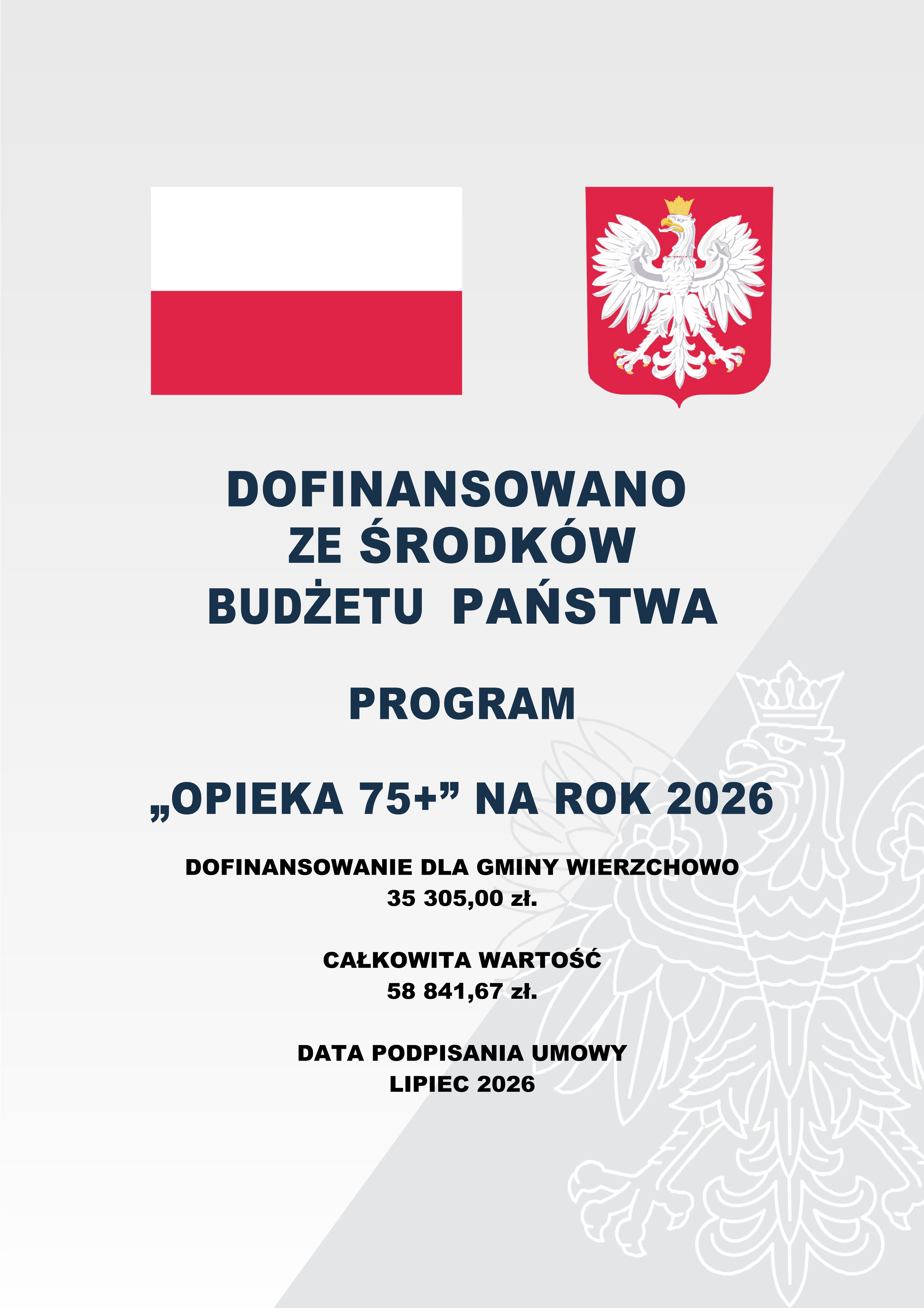 Plakat informacyjny z&nbsp;godłem i&nbsp;flagą Polski. Tekst: Dofinansowano ze środk&oacute;w budżetu państwa. Program &bdquo;Opieka 75+&rdquo; na&nbsp;rok 2026. Dofinansowanie dla Gminy Wierzchowo: 35 305,00 zł. Całkowita wartość: 58 841,67 zł. Data podpisania umowy: lipiec 2026.