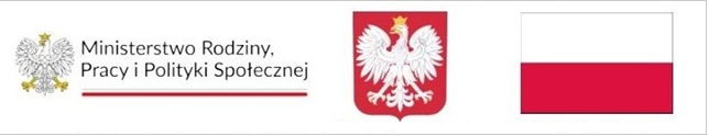 Godło Rzeczypospolitej Polskiej w&nbsp;mniejszej skali, obok kt&oacute;rego umieszczono czarny napis: &bdquo;Ministerstwo Rodziny, Pracy i&nbsp;Polityki Społecznej&rdquo;, podkreślony grubą, czerwoną linią.