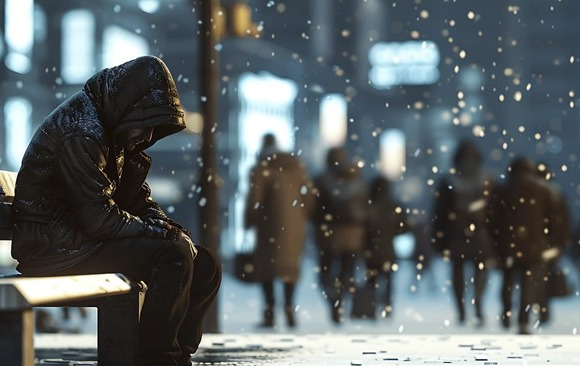 Bezdomny siedzący na ławce