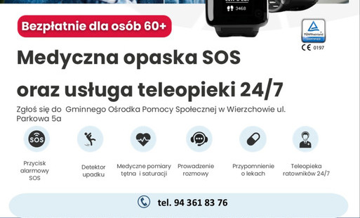 Plakat informacyjny programu Korpus Wsparcia Seniorów 2026 w gminie Wierzchowo. Przedstawia uśmiechniętą starszą kobietę oraz dwie czarne medyczne opaski SOS marki SiDLY z cyfrowymi wyświetlaczami. Główny napis głosi: „Bezpłatnie dla osób 60+. Medyczna op